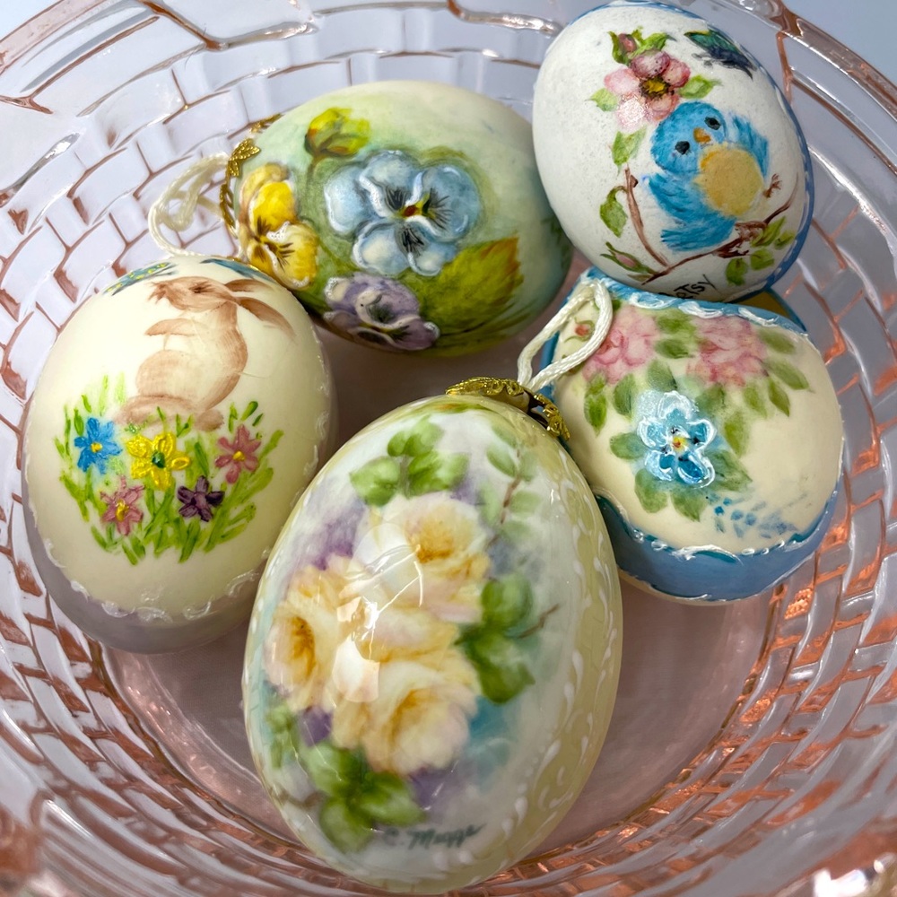 5 Hand Painted Porcelain Eggs depicting Bunny, Pansy, Bird, Flowers, some signed